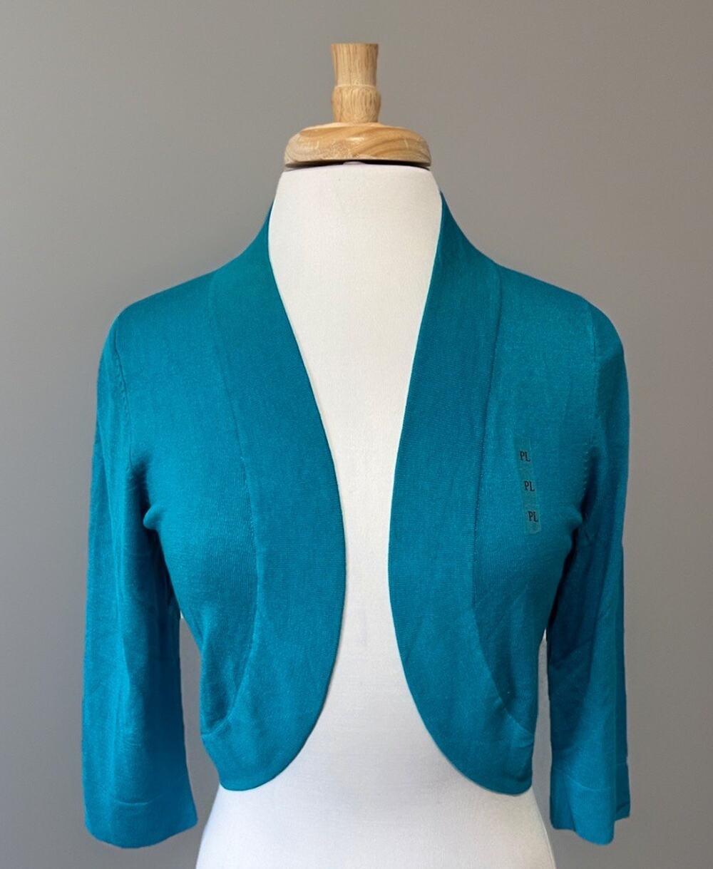 NWT Jessica Howard Open-Front Cardigan Shrug Bolero Women PL Blue Turquoise